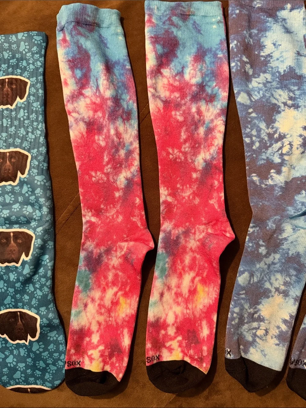 Womens Knee-High Socks - Teal w/ chocolate lab Teal & Pink, Blue, Purple tie dye